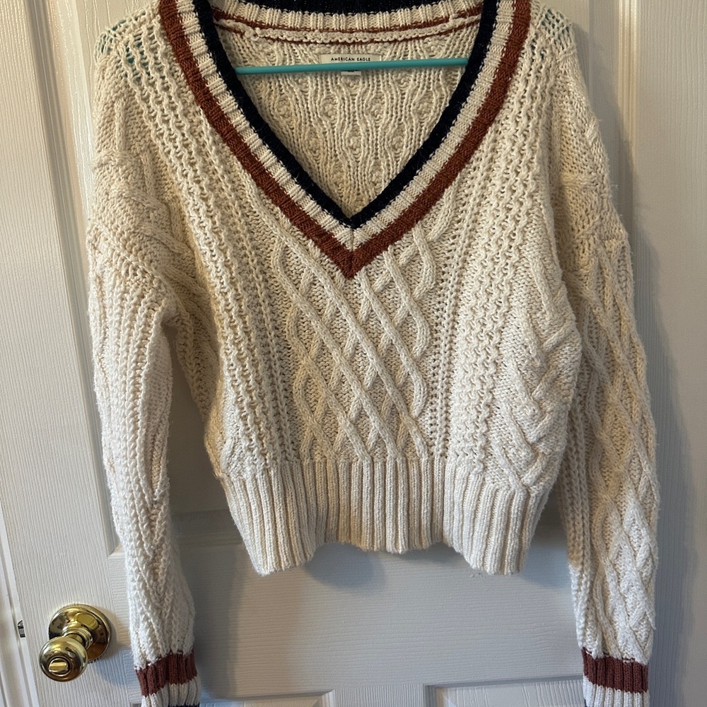 American Eagle Outfitters Cream V-Neck Sweater with Striped Trim
